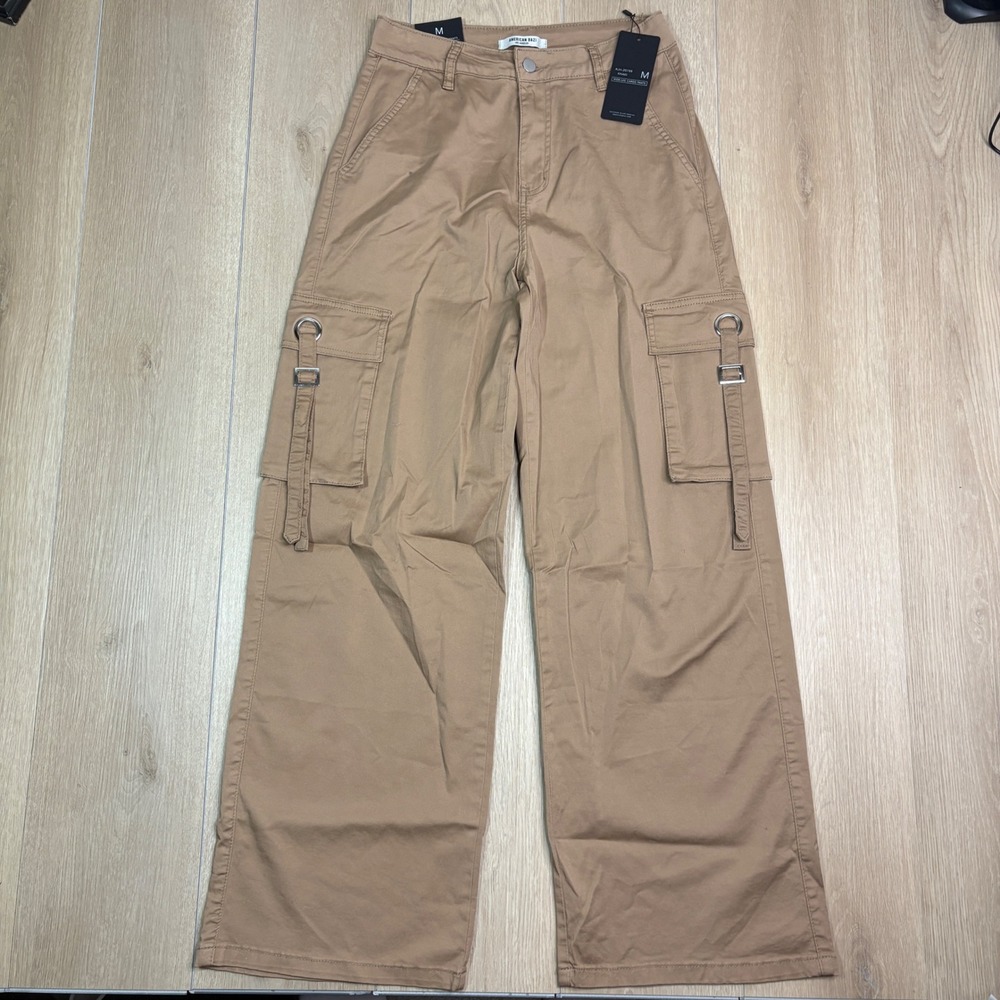 American Bazi Womens Tan Wide Leg Cargo Pants Khaki High Rise RJH-20788 Size M